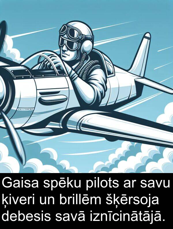 ķiveri: Gaisa spēku pilots ar savu ķiveri un brillēm šķērsoja debesis savā iznīcinātājā.