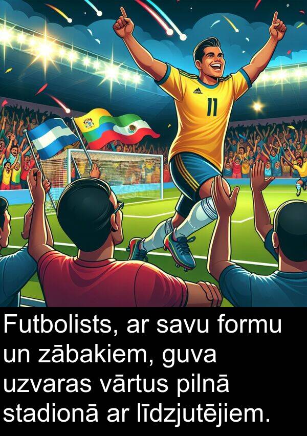 zābakiem: Futbolists, ar savu formu un zābakiem, guva uzvaras vārtus pilnā stadionā ar līdzjutējiem.