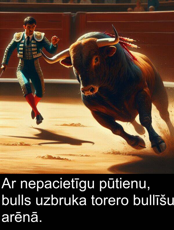 uzbruka: Ar nepacietīgu pūtienu, bulls uzbruka torero bullīšu arēnā.