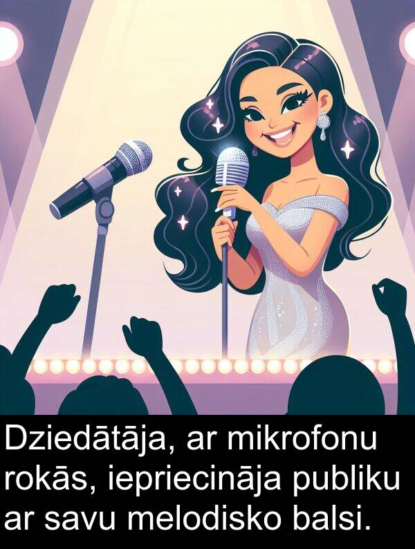 rokās: Dziedātāja, ar mikrofonu rokās, iepriecināja publiku ar savu melodisko balsi.
