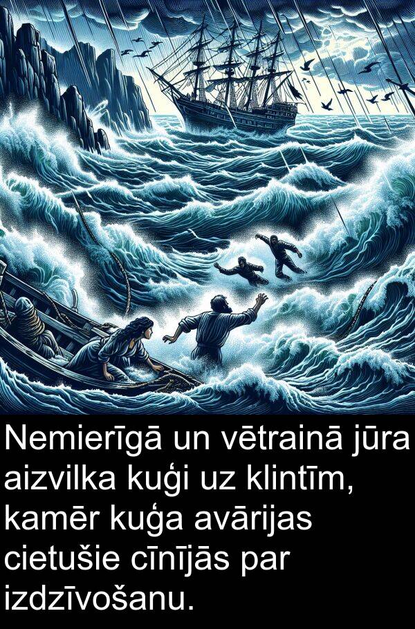 kuģa: Nemierīgā un vētrainā jūra aizvilka kuģi uz klintīm, kamēr kuģa avārijas cietušie cīnījās par izdzīvošanu.