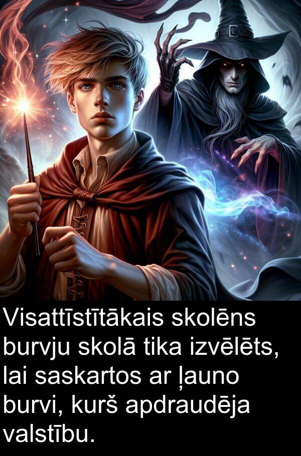 kurš: Visattīstītākais skolēns burvju skolā tika izvēlēts, lai saskartos ar ļauno burvi, kurš apdraudēja valstību.