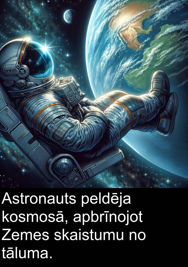kosmosā: Astronauts peldēja kosmosā, apbrīnojot Zemes skaistumu no tāluma.