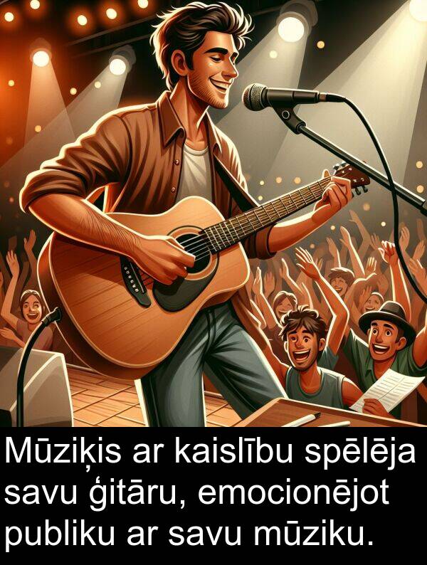 emocionējot: Mūziķis ar kaislību spēlēja savu ģitāru, emocionējot publiku ar savu mūziku.