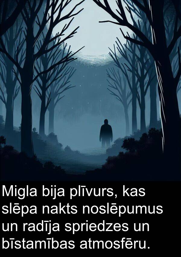 nakts: Migla bija plīvurs, kas slēpa nakts noslēpumus un radīja spriedzes un bīstamības atmosfēru.