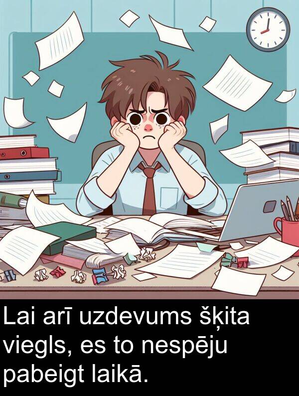 pabeigt: Lai arī uzdevums šķita viegls, es to nespēju pabeigt laikā.