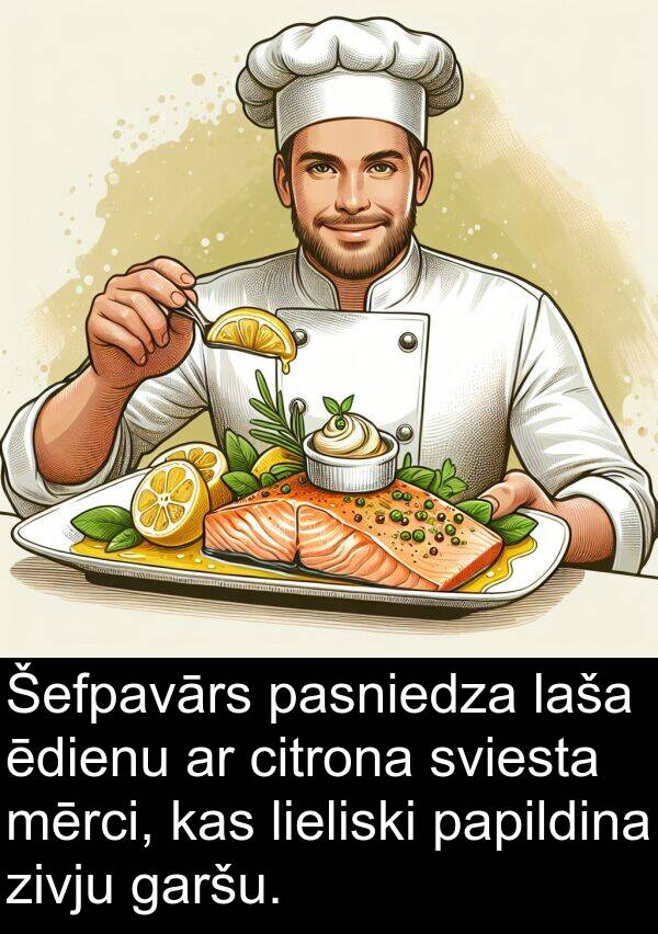 ēdienu: Šefpavārs pasniedza laša ēdienu ar citrona sviesta mērci, kas lieliski papildina zivju garšu.