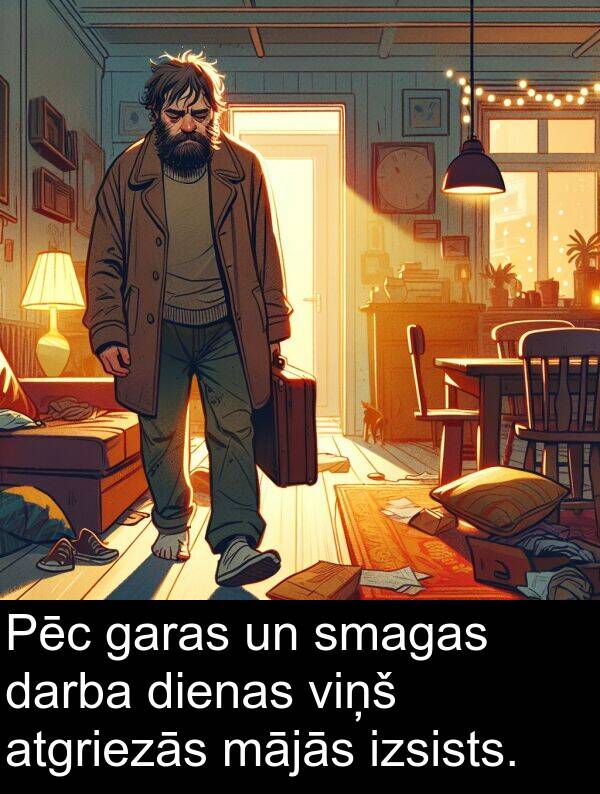mājās: Pēc garas un smagas darba dienas viņš atgriezās mājās izsists.