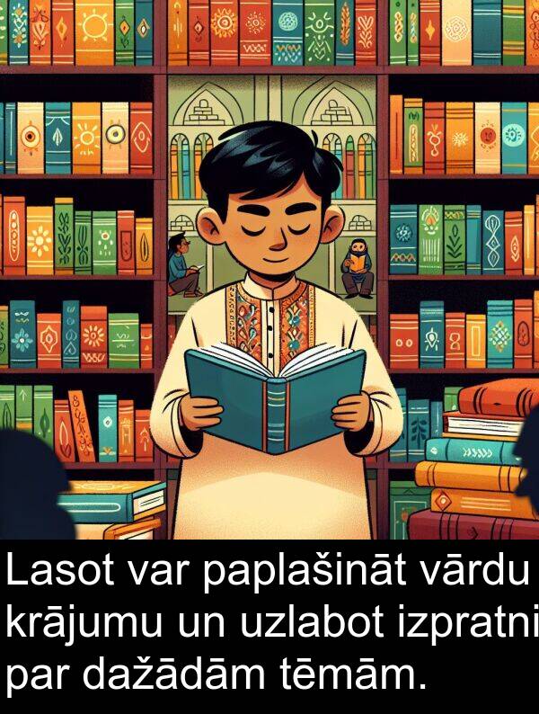 krājumu: Lasot var paplašināt vārdu krājumu un uzlabot izpratni par dažādām tēmām.