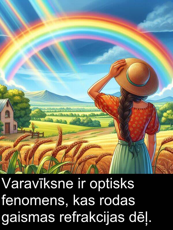 rodas: Varavīksne ir optisks fenomens, kas rodas gaismas refrakcijas dēļ.