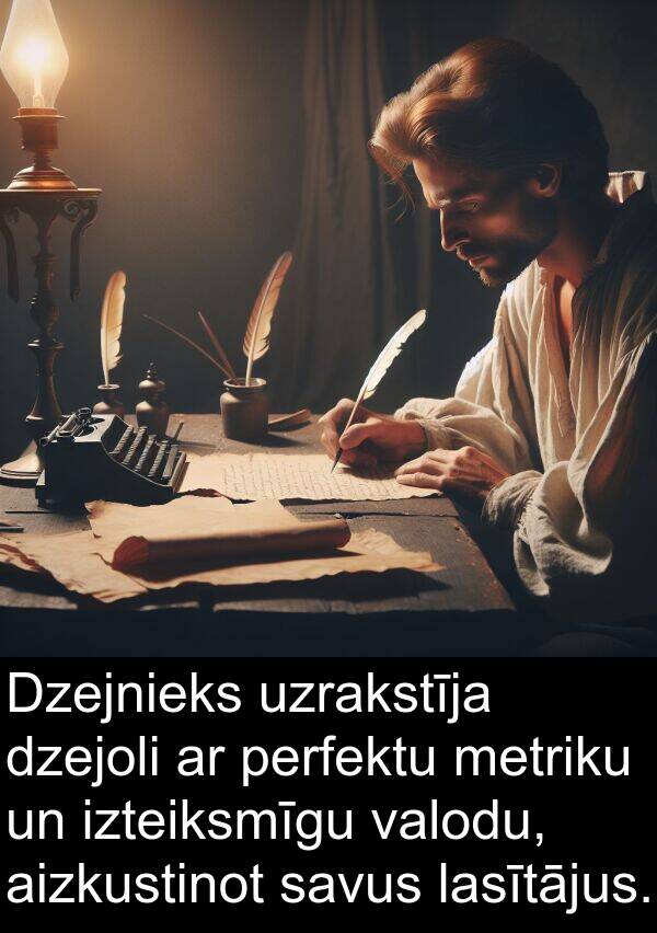 metriku: Dzejnieks uzrakstīja dzejoli ar perfektu metriku un izteiksmīgu valodu, aizkustinot savus lasītājus.