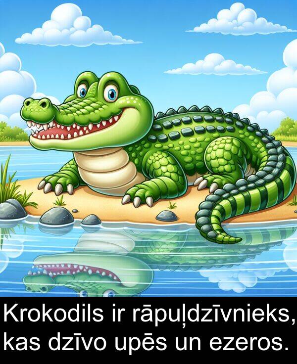 upēs: Krokodils ir rāpuļdzīvnieks, kas dzīvo upēs un ezeros.