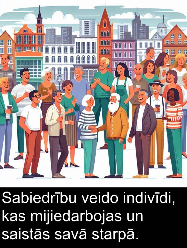 starpā: Sabiedrību veido indivīdi, kas mijiedarbojas un saistās savā starpā.