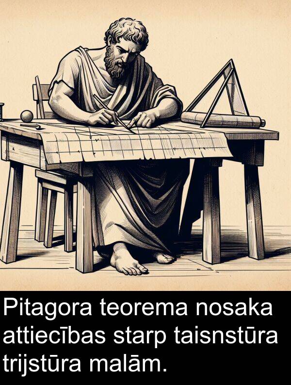 nosaka: Pitagora teorema nosaka attiecības starp taisnstūra trijstūra malām.