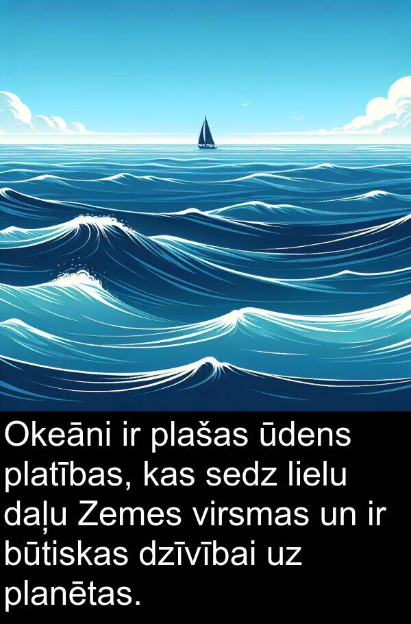 sedz: Okeāni ir plašas ūdens platības, kas sedz lielu daļu Zemes virsmas un ir būtiskas dzīvībai uz planētas.