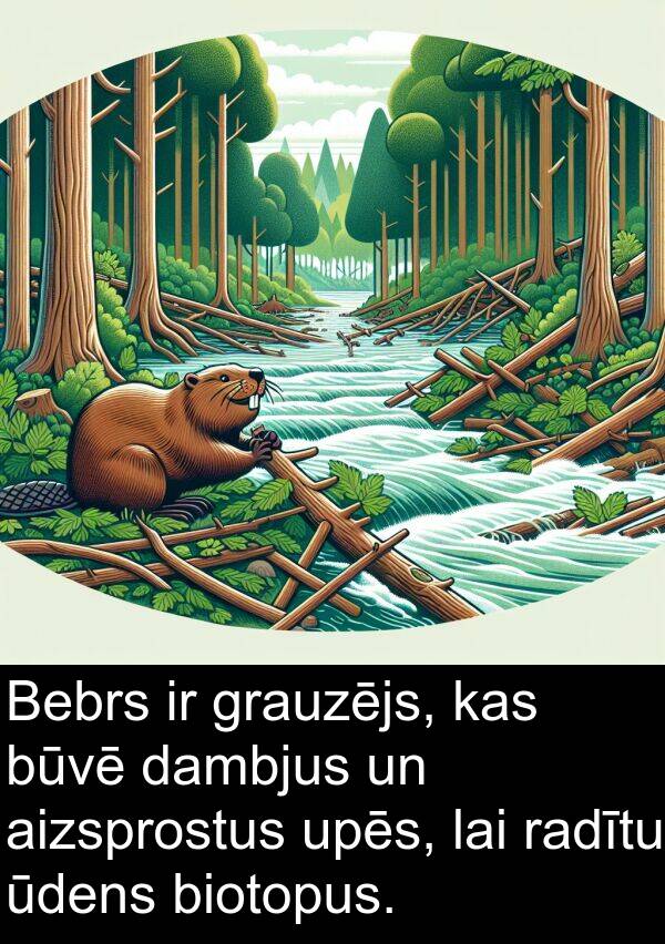 upēs: Bebrs ir grauzējs, kas būvē dambjus un aizsprostus upēs, lai radītu ūdens biotopus.