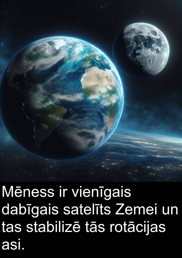 stabilizē: Mēness ir vienīgais dabīgais satelīts Zemei un tas stabilizē tās rotācijas asi.