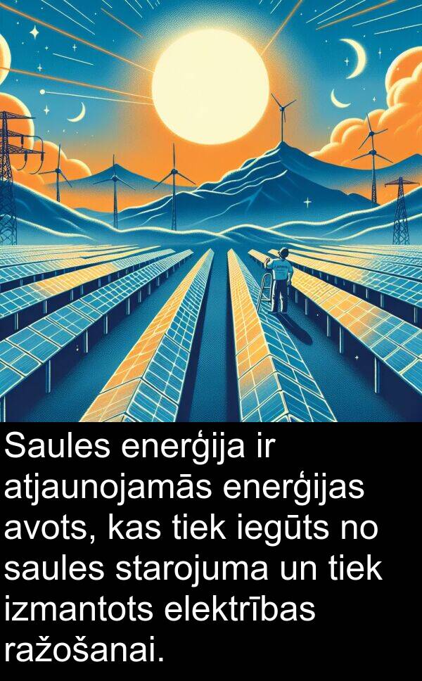 enerģijas: Saules enerģija ir atjaunojamās enerģijas avots, kas tiek iegūts no saules starojuma un tiek izmantots elektrības ražošanai.