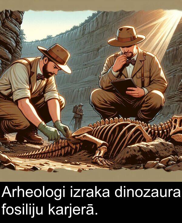 karjerā: Arheologi izraka dinozaura fosiliju karjerā.