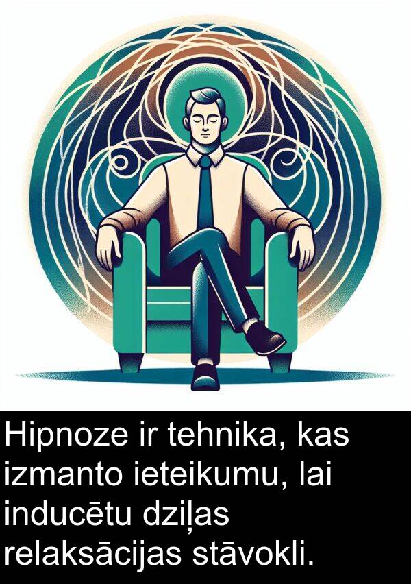 ieteikumu: Hipnoze ir tehnika, kas izmanto ieteikumu, lai inducētu dziļas relaksācijas stāvokli.