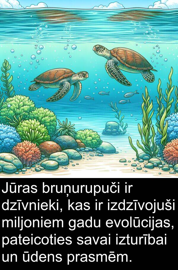 evolūcijas: Jūras bruņurupuči ir dzīvnieki, kas ir izdzīvojuši miljoniem gadu evolūcijas, pateicoties savai izturībai un ūdens prasmēm.