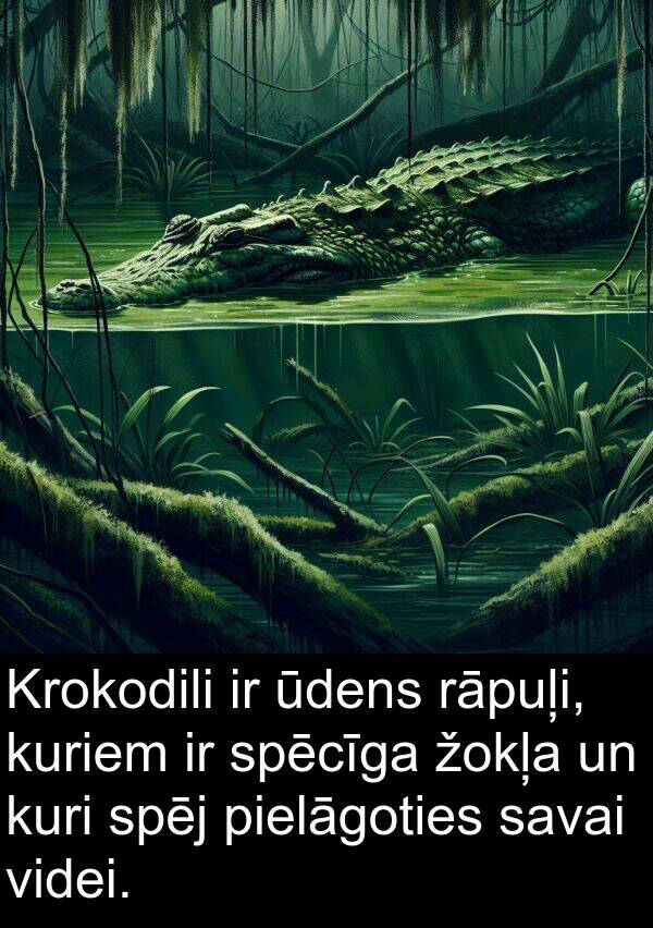 kuri: Krokodili ir ūdens rāpuļi, kuriem ir spēcīga žokļa un kuri spēj pielāgoties savai videi.
