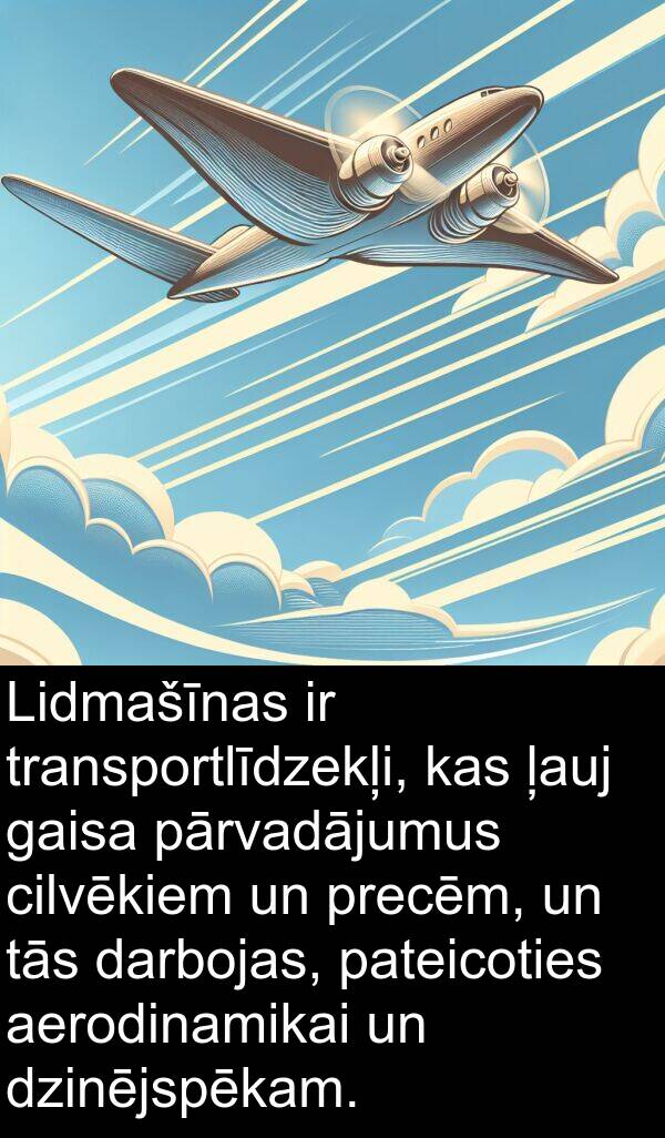 gaisa: Lidmašīnas ir transportlīdzekļi, kas ļauj gaisa pārvadājumus cilvēkiem un precēm, un tās darbojas, pateicoties aerodinamikai un dzinējspēkam.