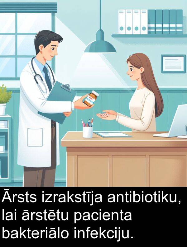 ārstētu: Ārsts izrakstīja antibiotiku, lai ārstētu pacienta bakteriālo infekciju.