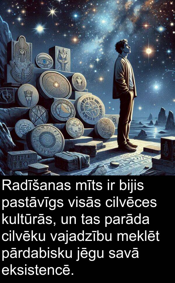 kultūrās: Radīšanas mīts ir bijis pastāvīgs visās cilvēces kultūrās, un tas parāda cilvēku vajadzību meklēt pārdabisku jēgu savā eksistencē.