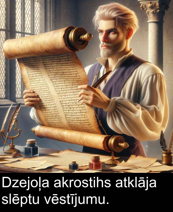 akrostihs: Dzejoļa akrostihs atklāja slēptu vēstījumu.