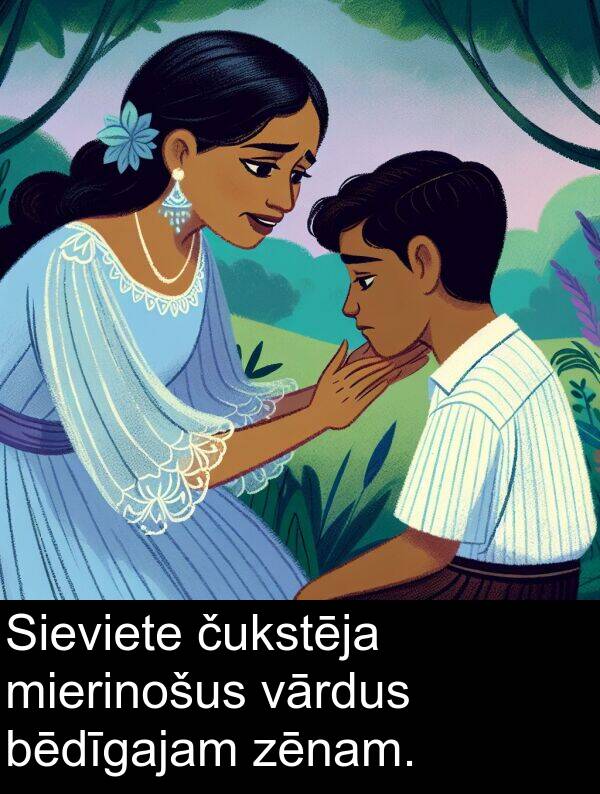 čukstēja: Sieviete čukstēja mierinošus vārdus bēdīgajam zēnam.