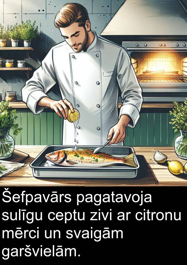 pagatavoja: Šefpavārs pagatavoja sulīgu ceptu zivi ar citronu mērci un svaigām garšvielām.