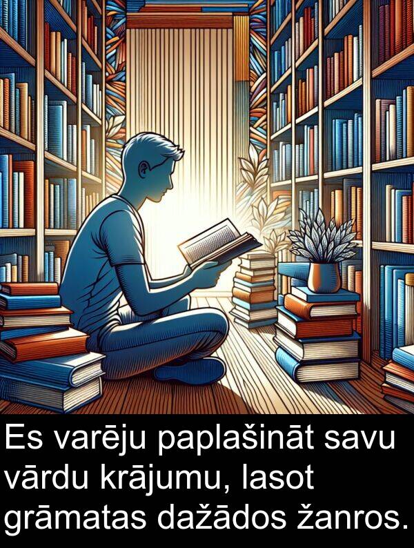 krājumu: Es varēju paplašināt savu vārdu krājumu, lasot grāmatas dažādos žanros.