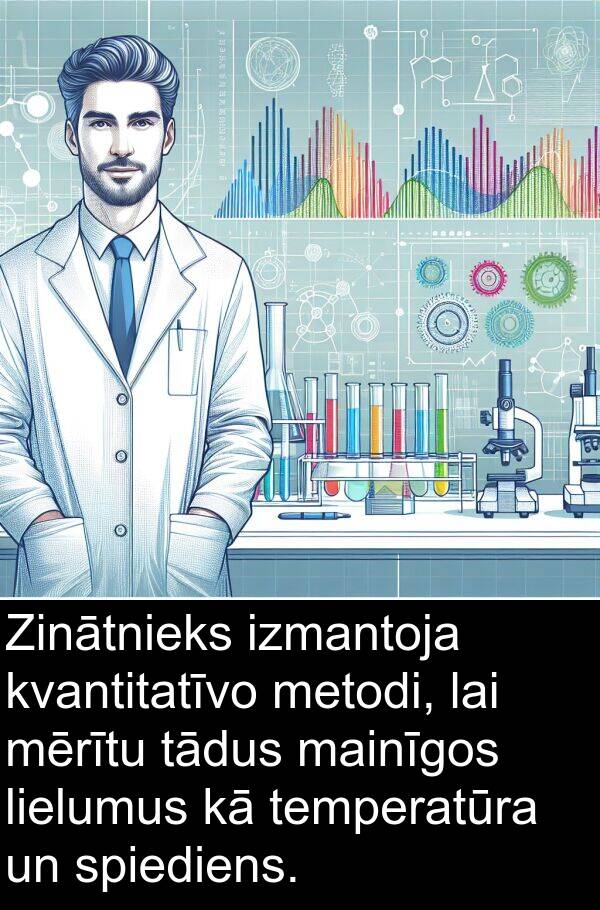 mainīgos: Zinātnieks izmantoja kvantitatīvo metodi, lai mērītu tādus mainīgos lielumus kā temperatūra un spiediens.