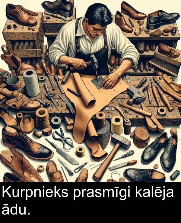 kalēja: Kurpnieks prasmīgi kalēja ādu.