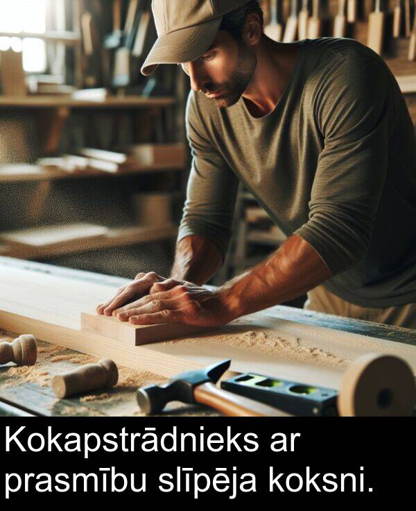 prasmību: Kokapstrādnieks ar prasmību slīpēja koksni.