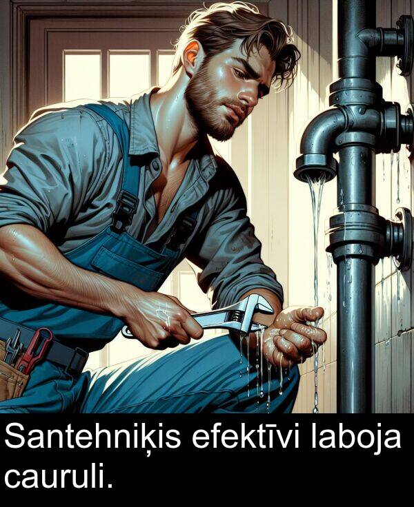 laboja: Santehniķis efektīvi laboja cauruli.