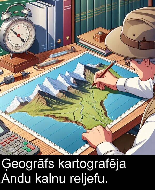 reljefu: Ģeogrāfs kartografēja Andu kalnu reljefu.