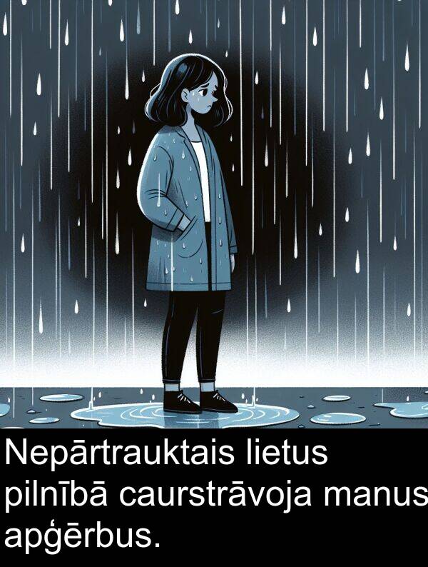 caurstrāvoja: Nepārtrauktais lietus pilnībā caurstrāvoja manus apģērbus.