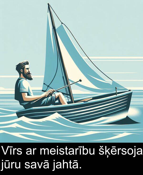 šķērsoja: Vīrs ar meistarību šķērsoja jūru savā jahtā.