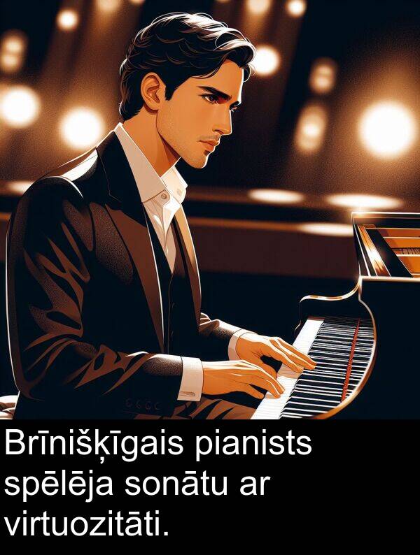 pianists: Brīnišķīgais pianists spēlēja sonātu ar virtuozitāti.