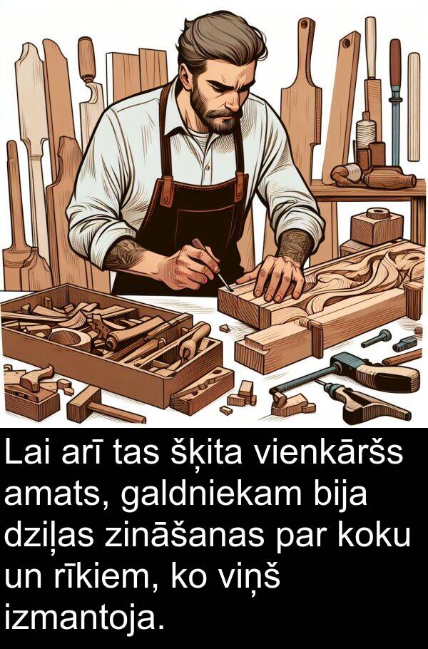 koku: Lai arī tas šķita vienkāršs amats, galdniekam bija dziļas zināšanas par koku un rīkiem, ko viņš izmantoja.