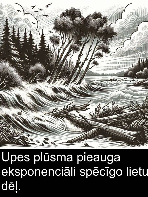 plūsma: Upes plūsma pieauga eksponenciāli spēcīgo lietu dēļ.