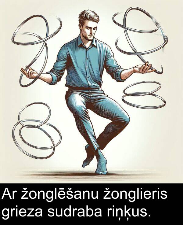 žonglēšanu: Ar žonglēšanu žonglieris grieza sudraba riņķus.