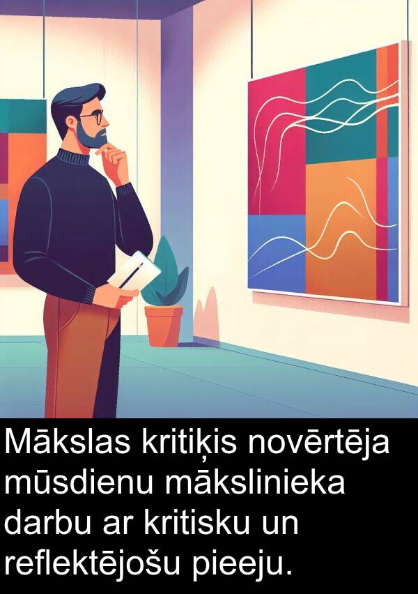 kritiķis: Mākslas kritiķis novērtēja mūsdienu mākslinieka darbu ar kritisku un reflektējošu pieeju.