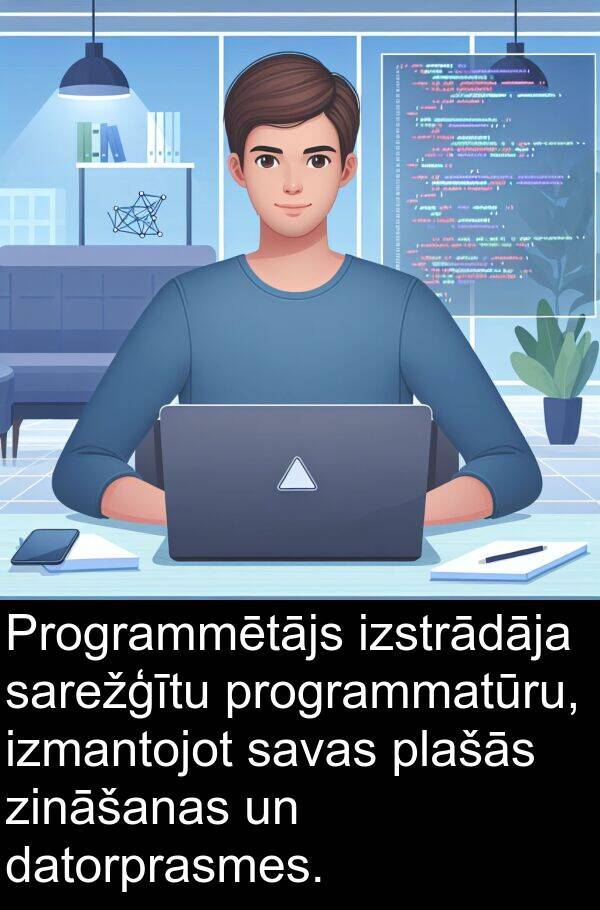 programmatūru: Programmētājs izstrādāja sarežģītu programmatūru, izmantojot savas plašās zināšanas un datorprasmes.