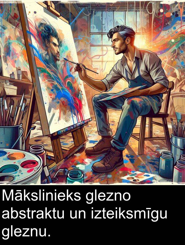 abstraktu: Mākslinieks glezno abstraktu un izteiksmīgu gleznu.