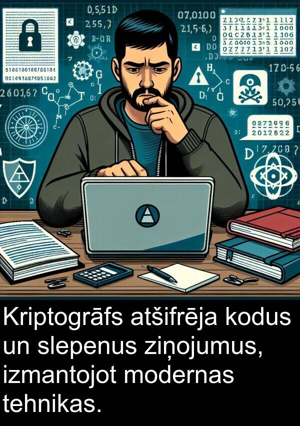 kodus: Kriptogrāfs atšifrēja kodus un slepenus ziņojumus, izmantojot modernas tehnikas.