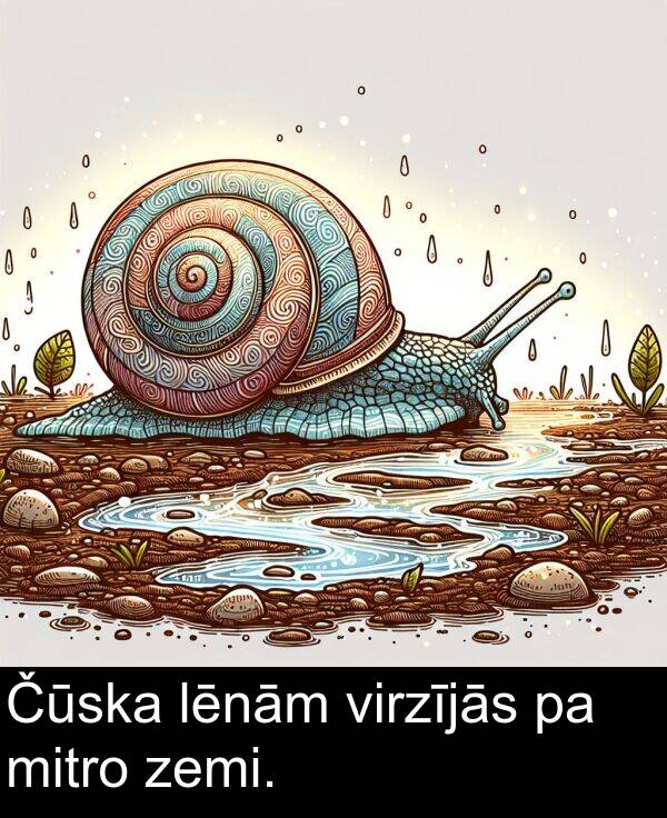 zemi: Čūska lēnām virzījās pa mitro zemi.