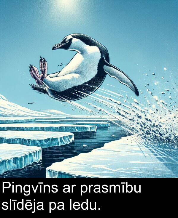 prasmību: Pingvīns ar prasmību slīdēja pa ledu.